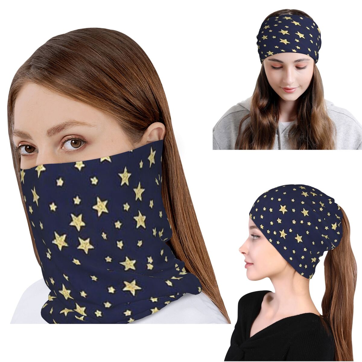 네이비 블루 하늘과 별 프린트 반다나 넥 게이터 랩 스 - Beanie Winter Hat 리뷰 및 가격