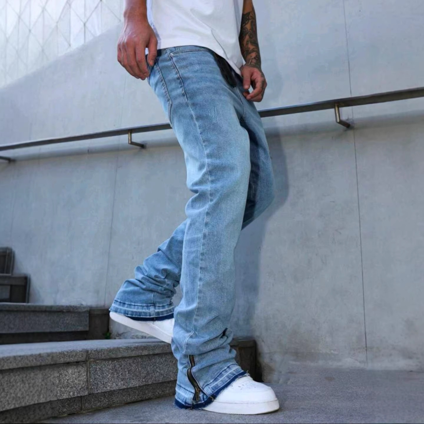남성용 워싱 라이트 블루 진 루즈 스트레이트 레그 벨  - Men'S Fashion Jeans 리뷰 및 가격